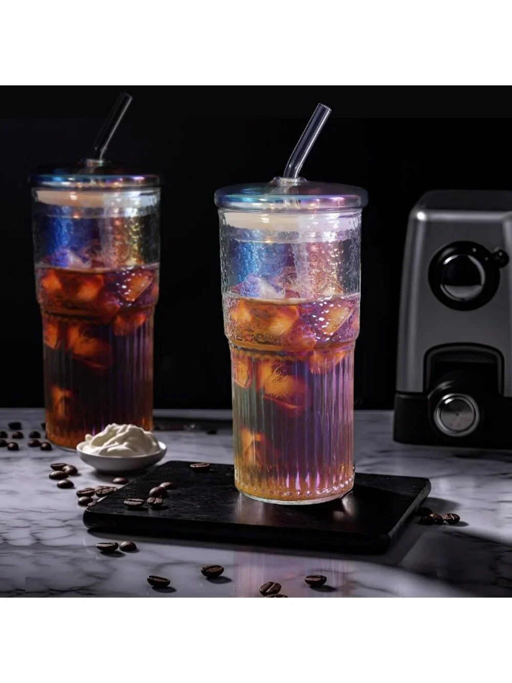 Iridescent 22oz Glass Tumbler with Straw & Lid - Ribbed Design, Perfect for